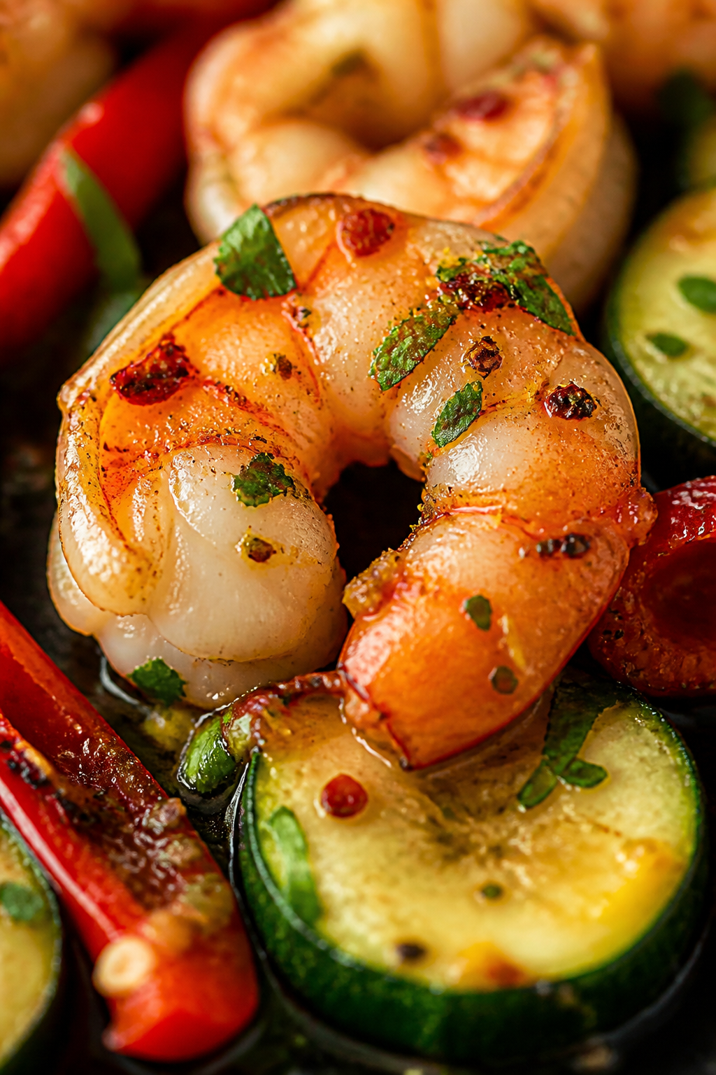 Close-up detail, : Macro shot of a just-cooked shrimp glazed in garlic-lime butter, showing juicy, s