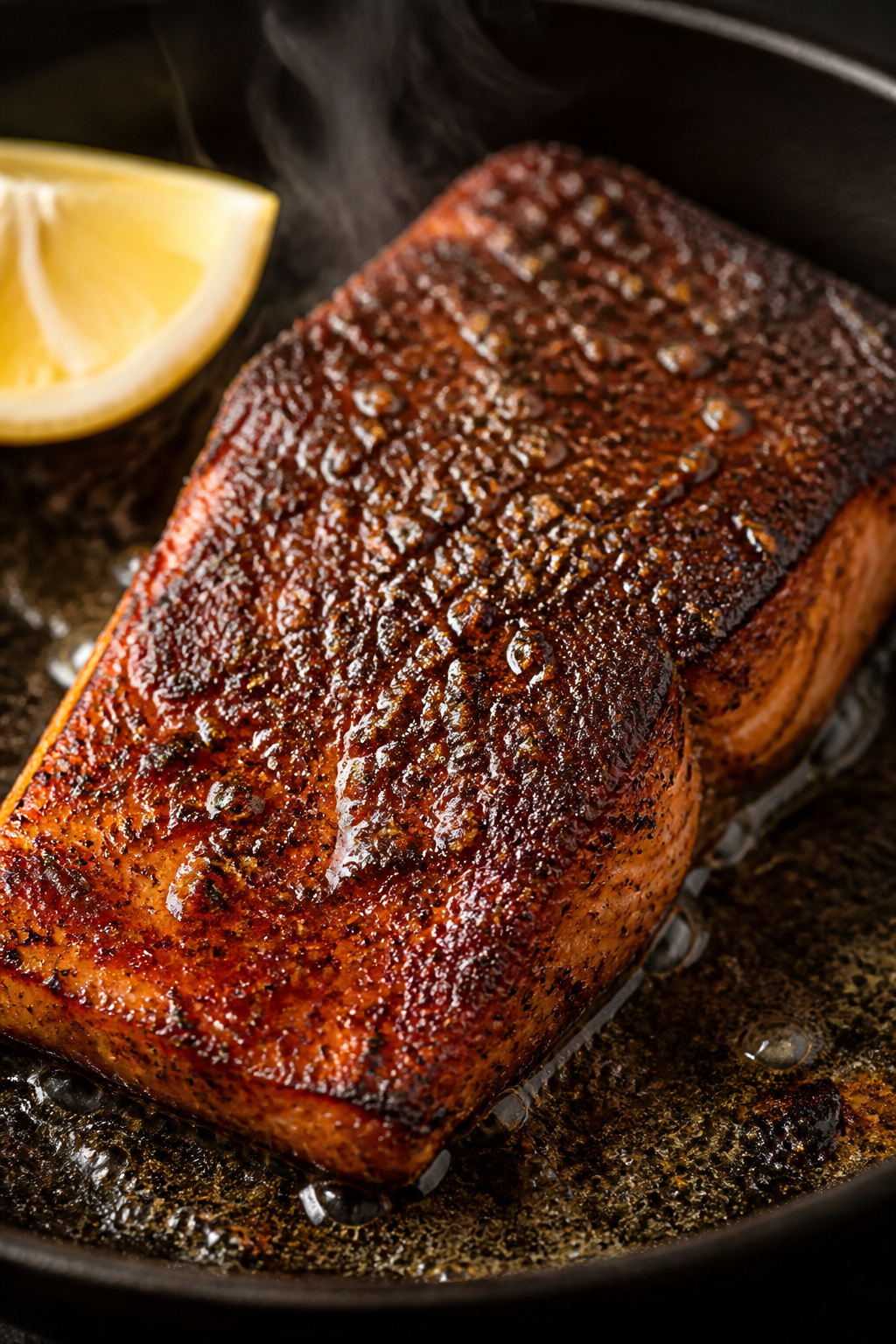 Close-up detail: Pan-seared blackened salmon fillet just after flipping in a cast-iron skillet, show
