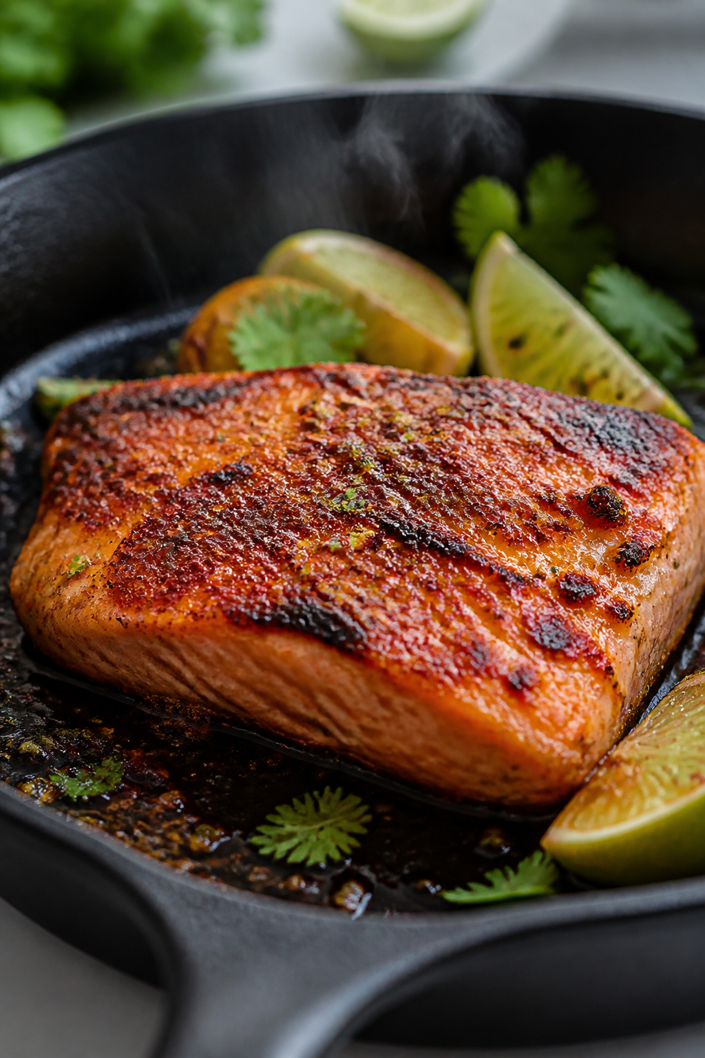 Close-up detail: Pan-seared chili lime salmon just after flipping, showing a caramelized chili-lime 