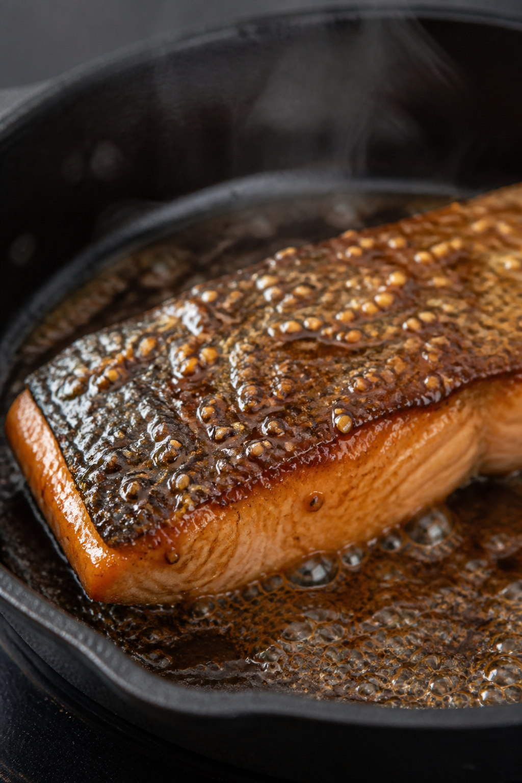 Close-up detail: Pan-seared teriyaki salmon fillet just after flipping in a black cast-iron skillet,