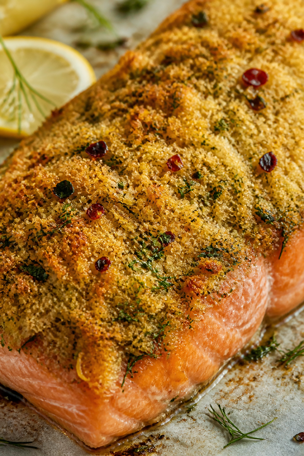 Close-up detail: Parmesan herb crust on baked salmon just out of the oven, showing golden-brown pank
