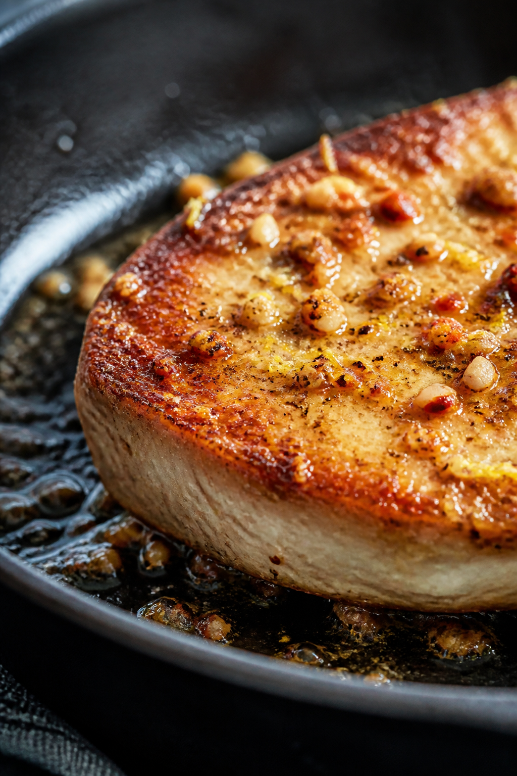 Close-up detail: Searing lemon-garlic tuna steak in a hot cast-iron skillet, first side down with a 