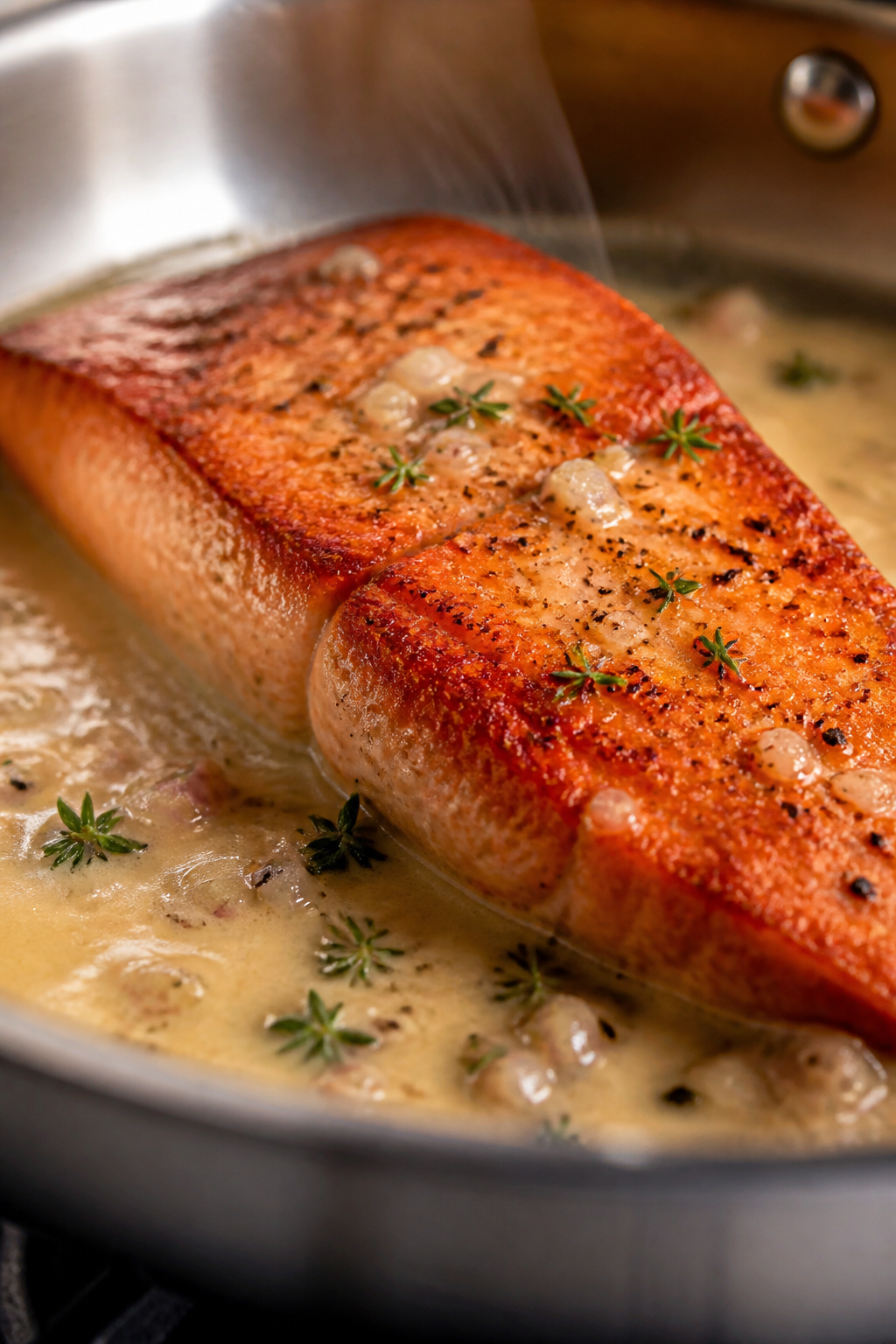 Close-up detail: Searing salmon fillet, cooked presentation-side down in a stainless skillet, showin