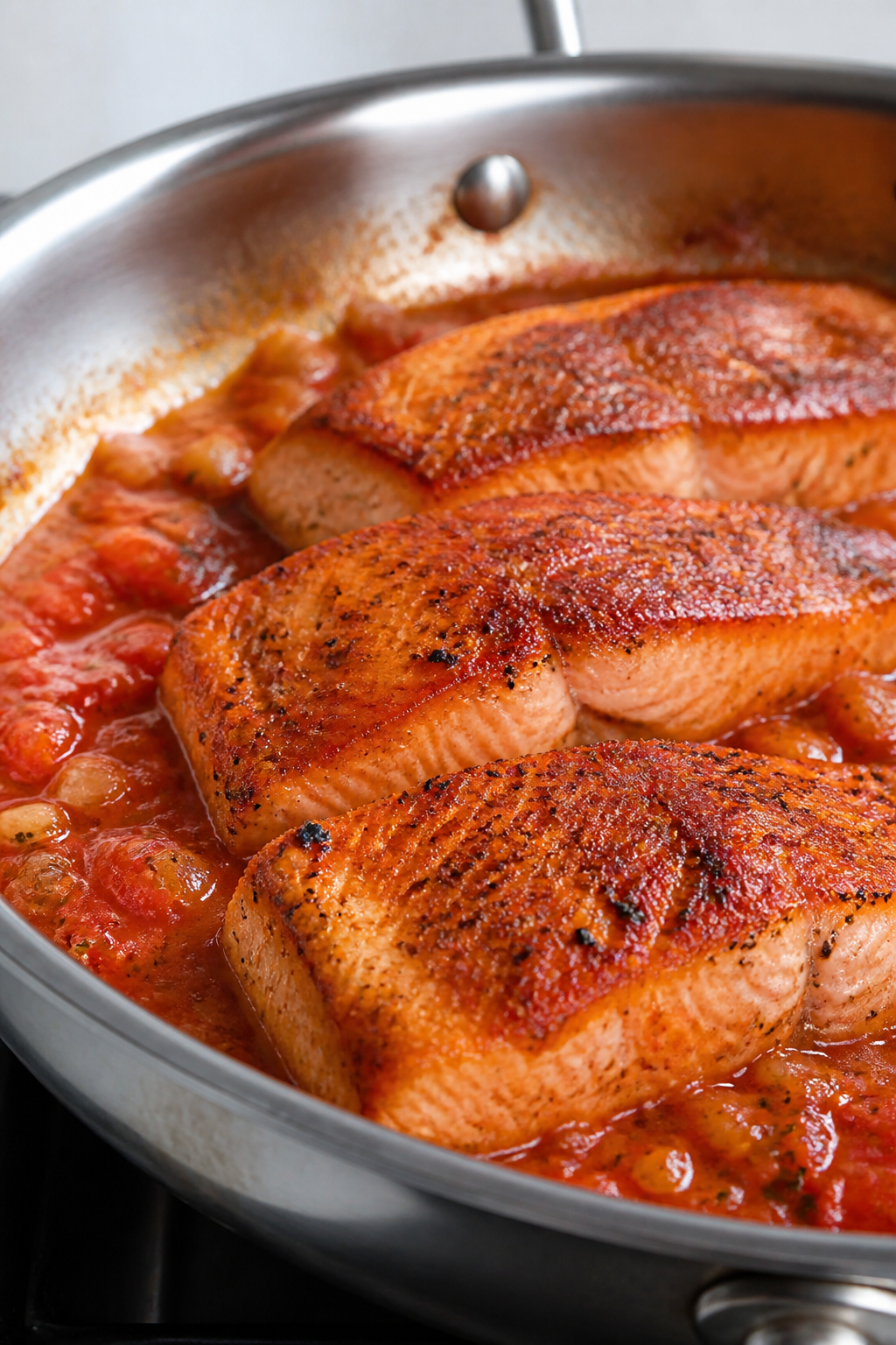 Close-up detail: Searing salmon fillets in a stainless-steel skillet, golden crust on the top side w