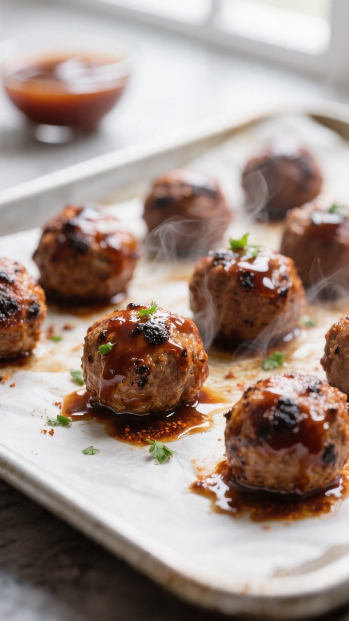 Close-up detail shot of freshly baked BBQ meatballs just out of the oven on a parchment-lined sheet 