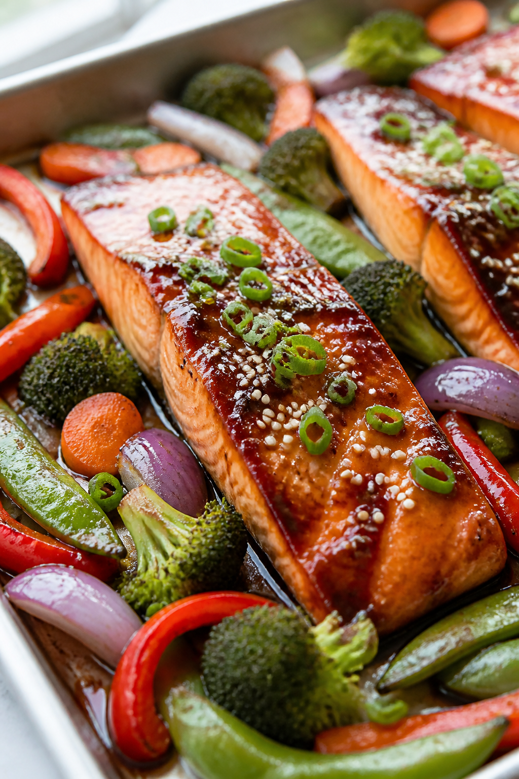 Close-up detail shot of glossy teriyaki-glazed salmon just out of the oven on a lined sheet pan, sur
