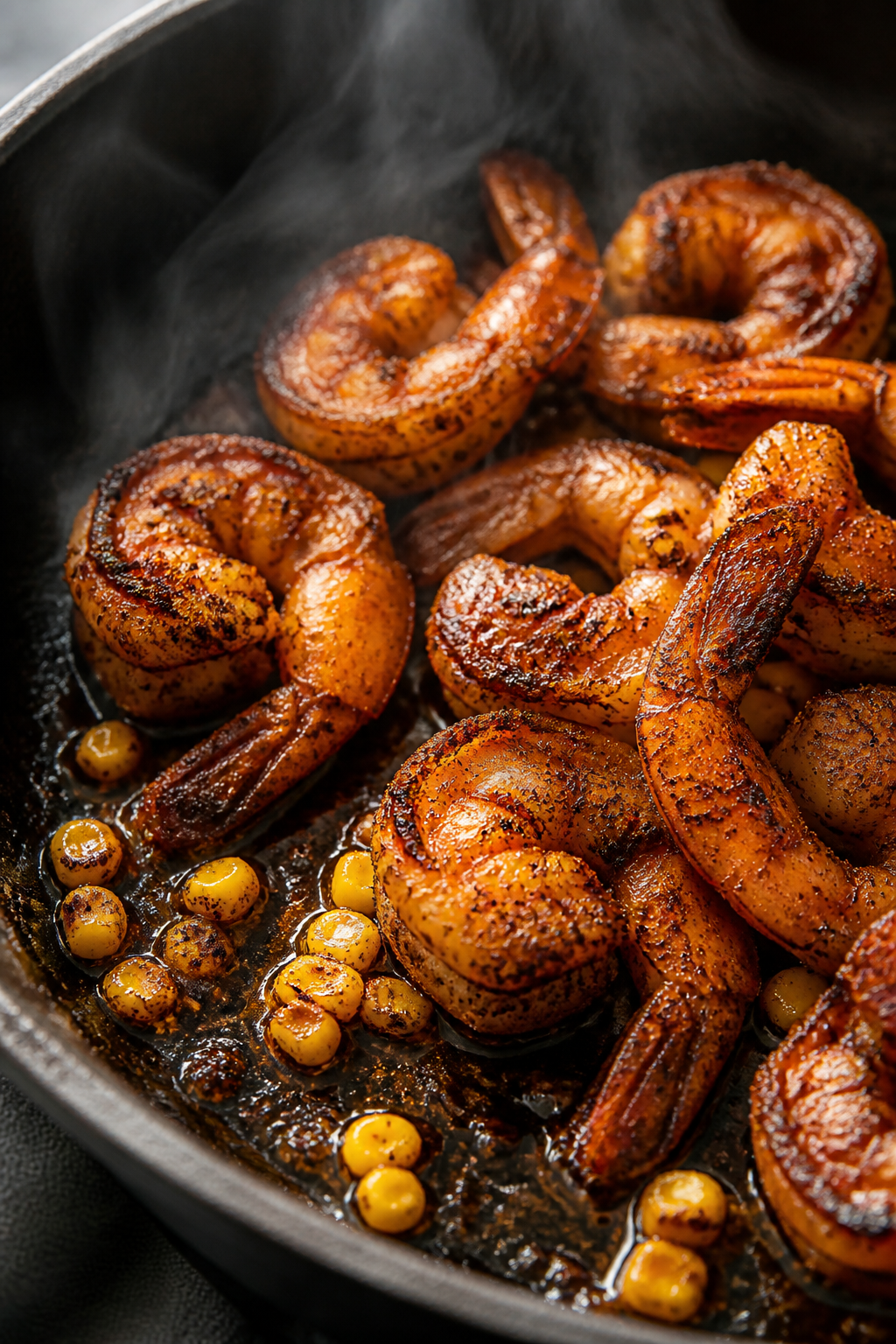 Close-up detail: Sizzling blackened shrimp in a hot skillet, spice-crusted with smoky paprika char a