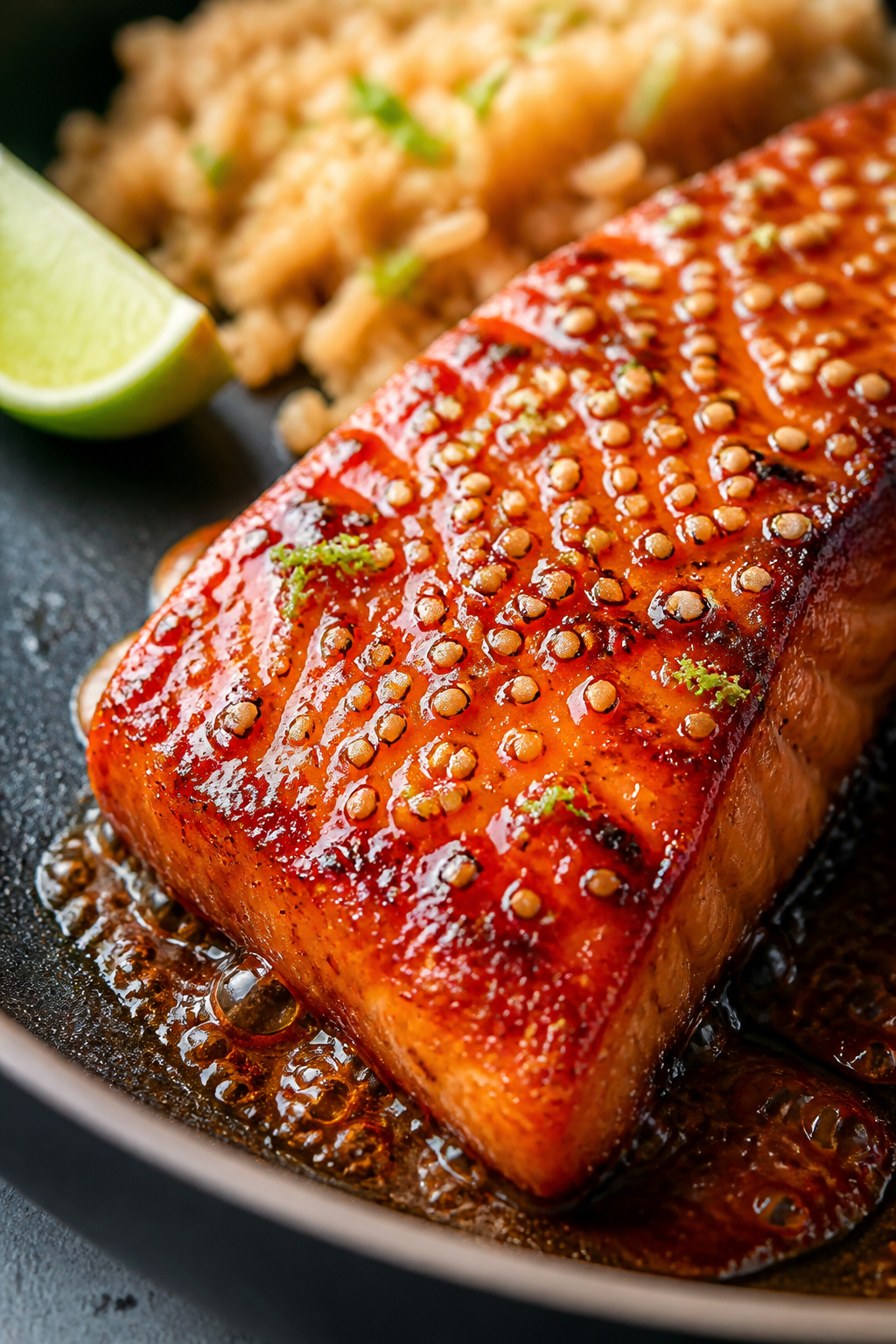 Close-up detail: Sticky honey sriracha–glazed salmon just after glazing in a nonstick skillet, ski