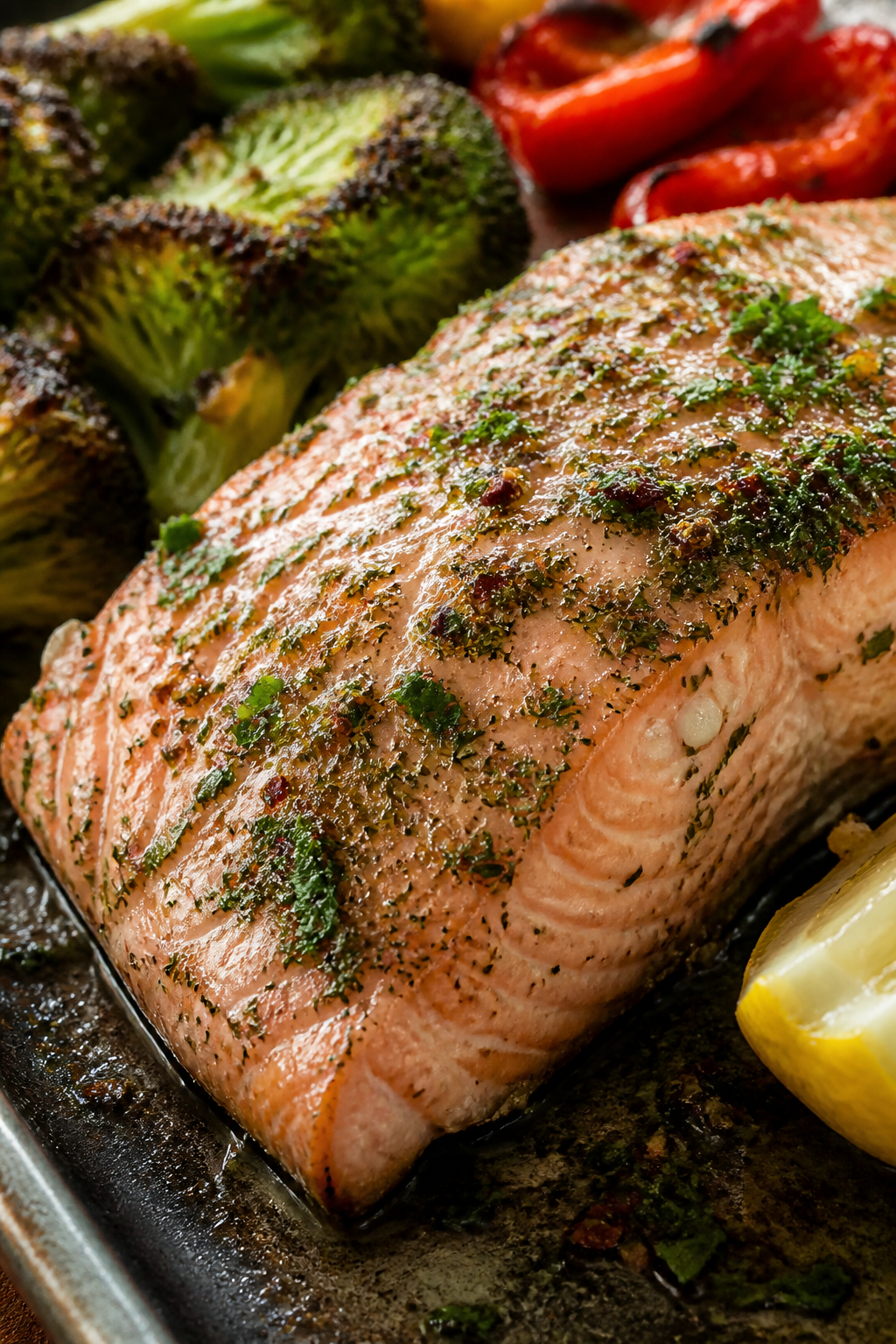 Close-up detail, : Tight macro of a baked ranch salmon fillet just out of the oven, showcasing glist