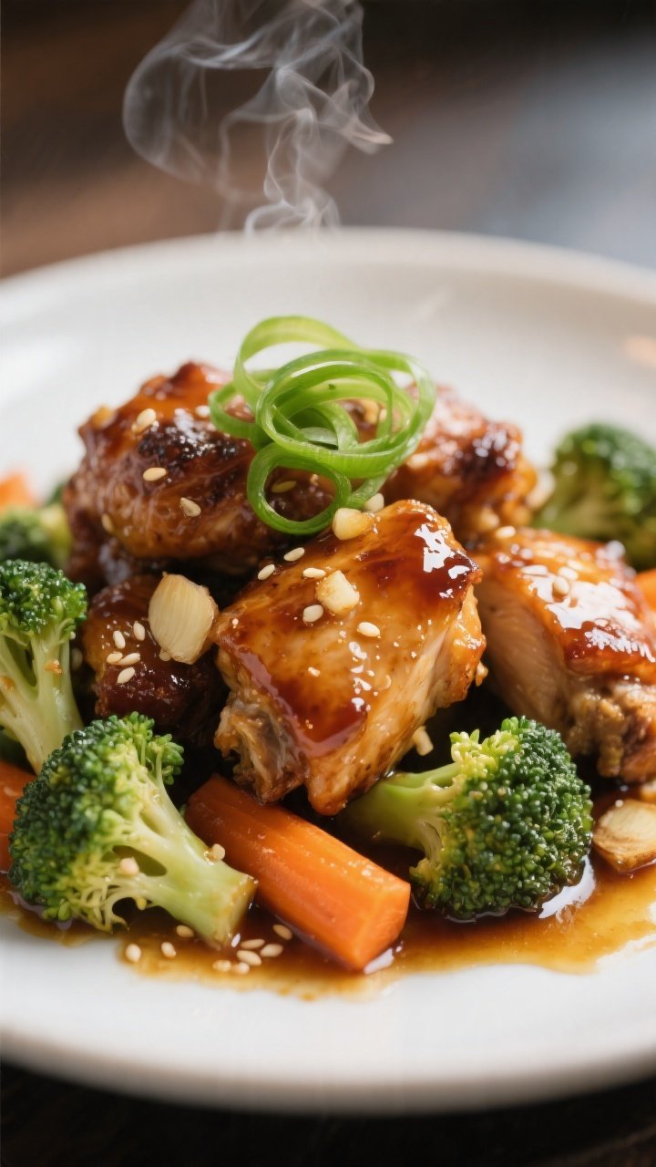 Close-up final detail: Tight macro of lacquered chicken thigh bites nestled among tender-crisp brocc