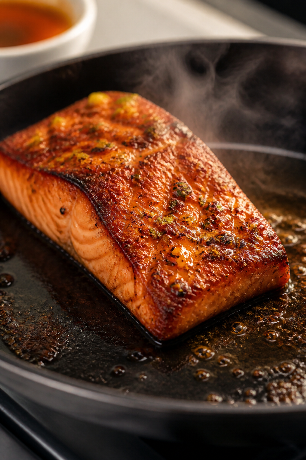 Close-up process shot: Pan-seared honey-lime salmon fillet just flipped in a well-oiled skillet, car