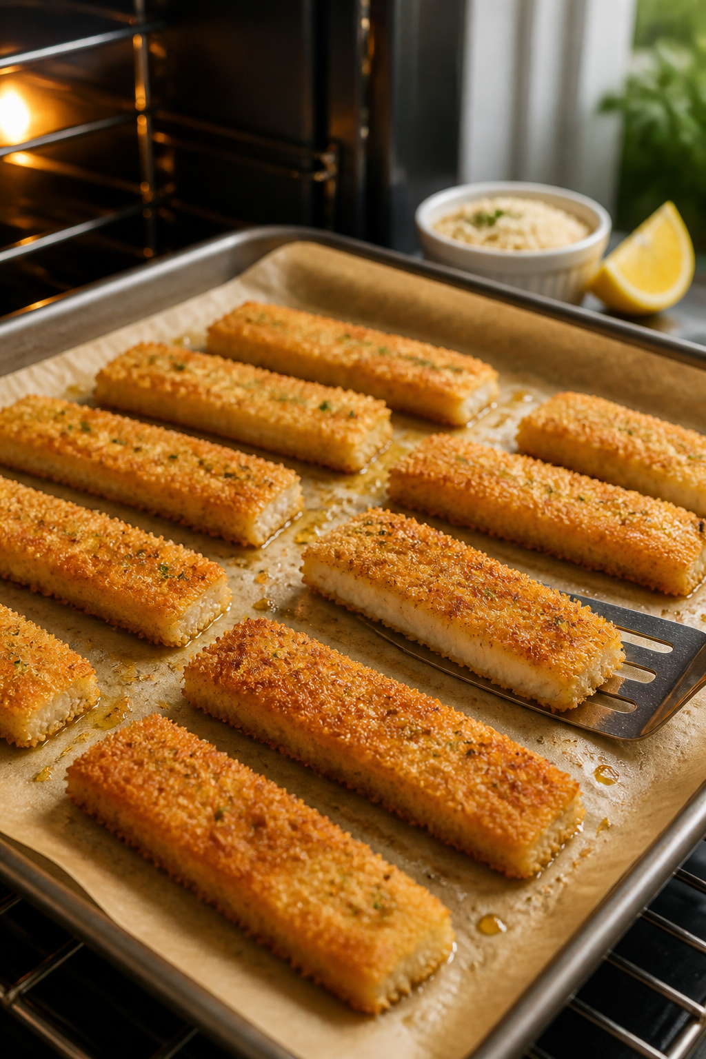 Cooking process: Breaded fish sticks arranged in a single, well-spaced layer on a parchment-lined sh