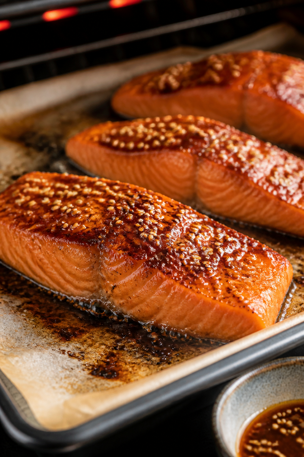 Cooking process — Broil-glaze moment: Close-up of sesame ginger salmon fillets on a parchment-line