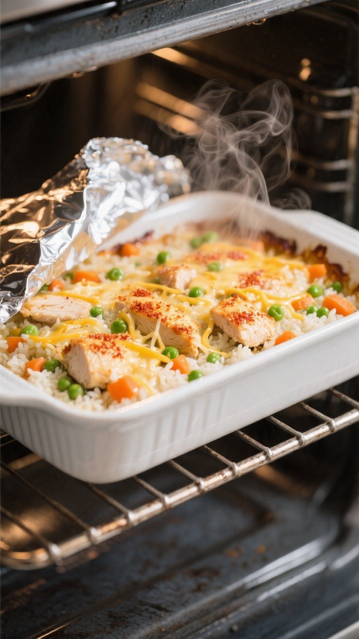Cooking process – Cheesy Chicken & Rice Casserole being baked covered: A 9x13 white ceramic baking