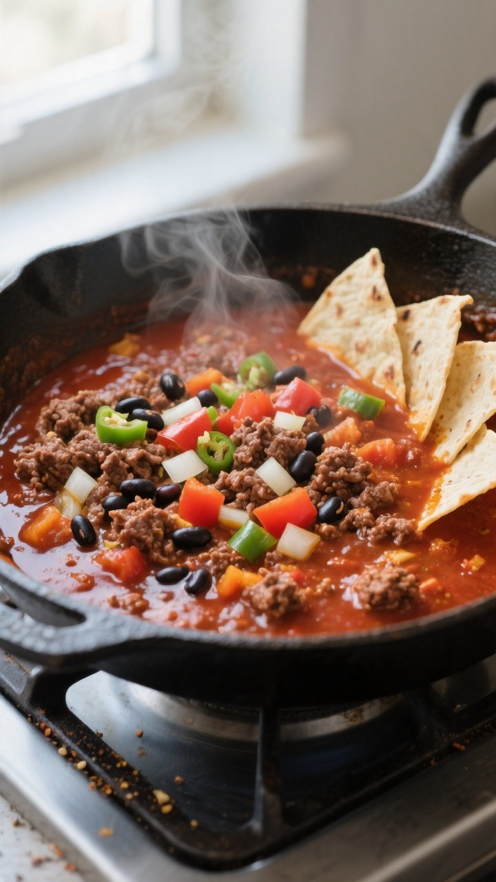 Cooking process, close-up: A deep 12-inch cast-iron skillet mid-simmer with browned ground beef, sof