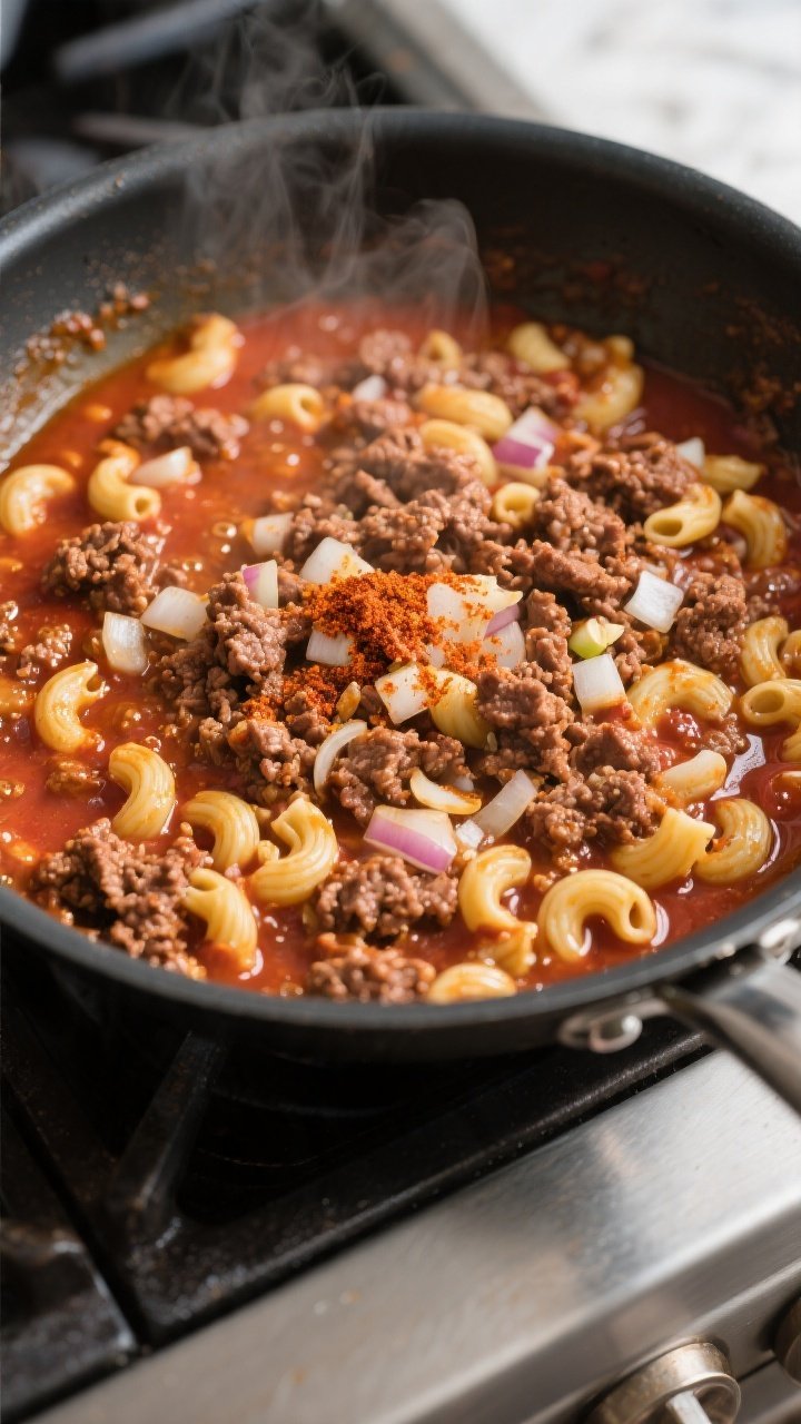 Cooking process close-up: A deep skillet on the stovetop with browned, crumbled ground beef and soft