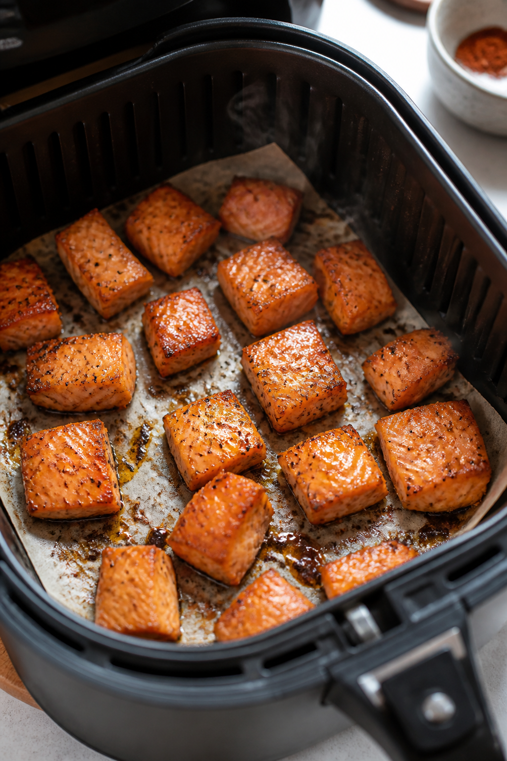 Cooking process close-up: Air fryer basket at 400°F with a single, spaced layer of glazed salmon bi