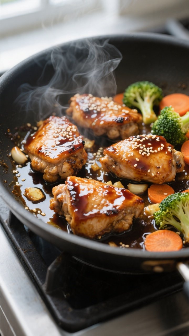 Cooking process close-up: Bite-sized chicken thighs searing in a large skillet, edges caramelized an