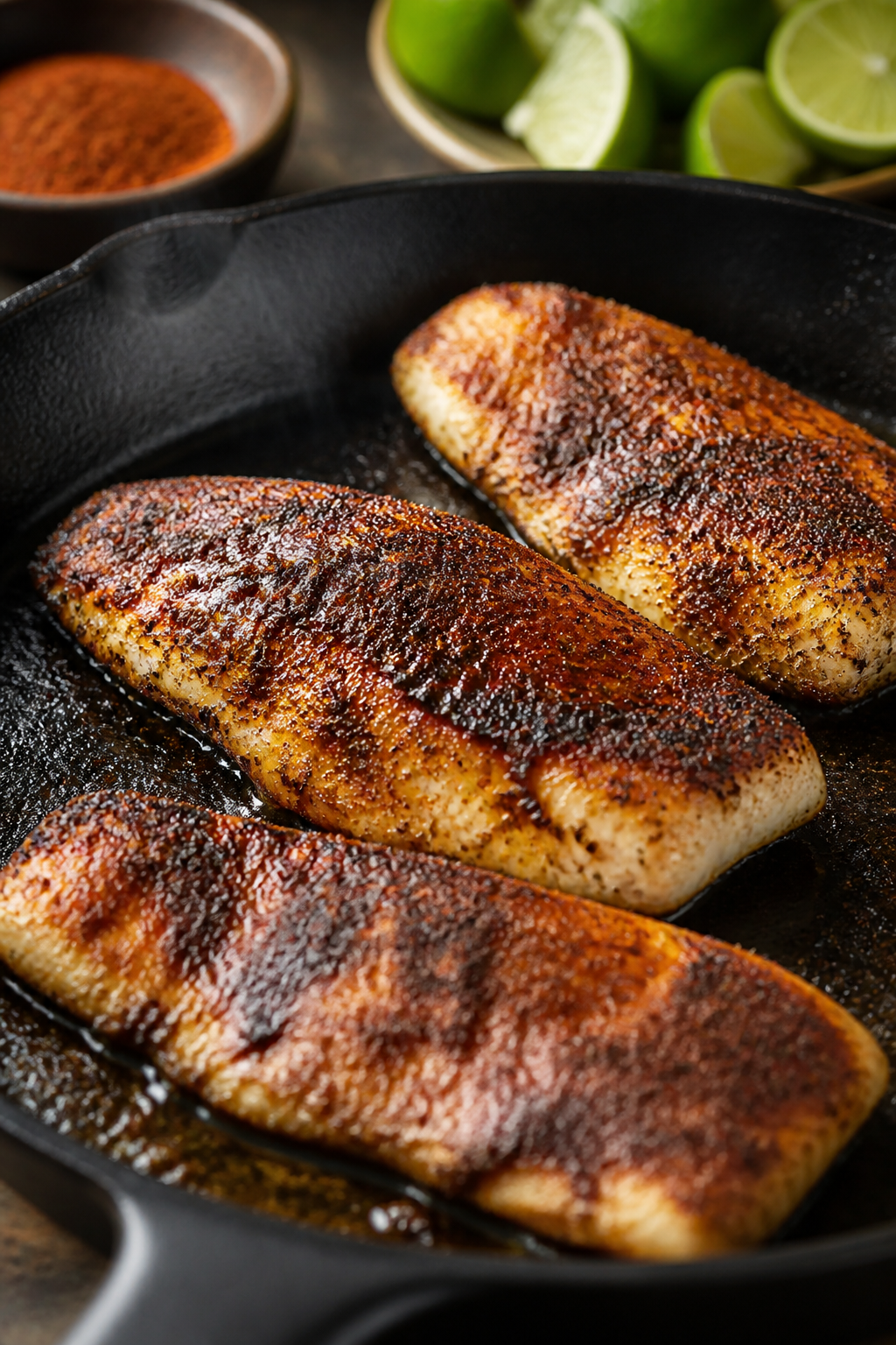 Cooking process close-up: Blackened white fish fillets searing in a hot cast-iron skillet, deep char
