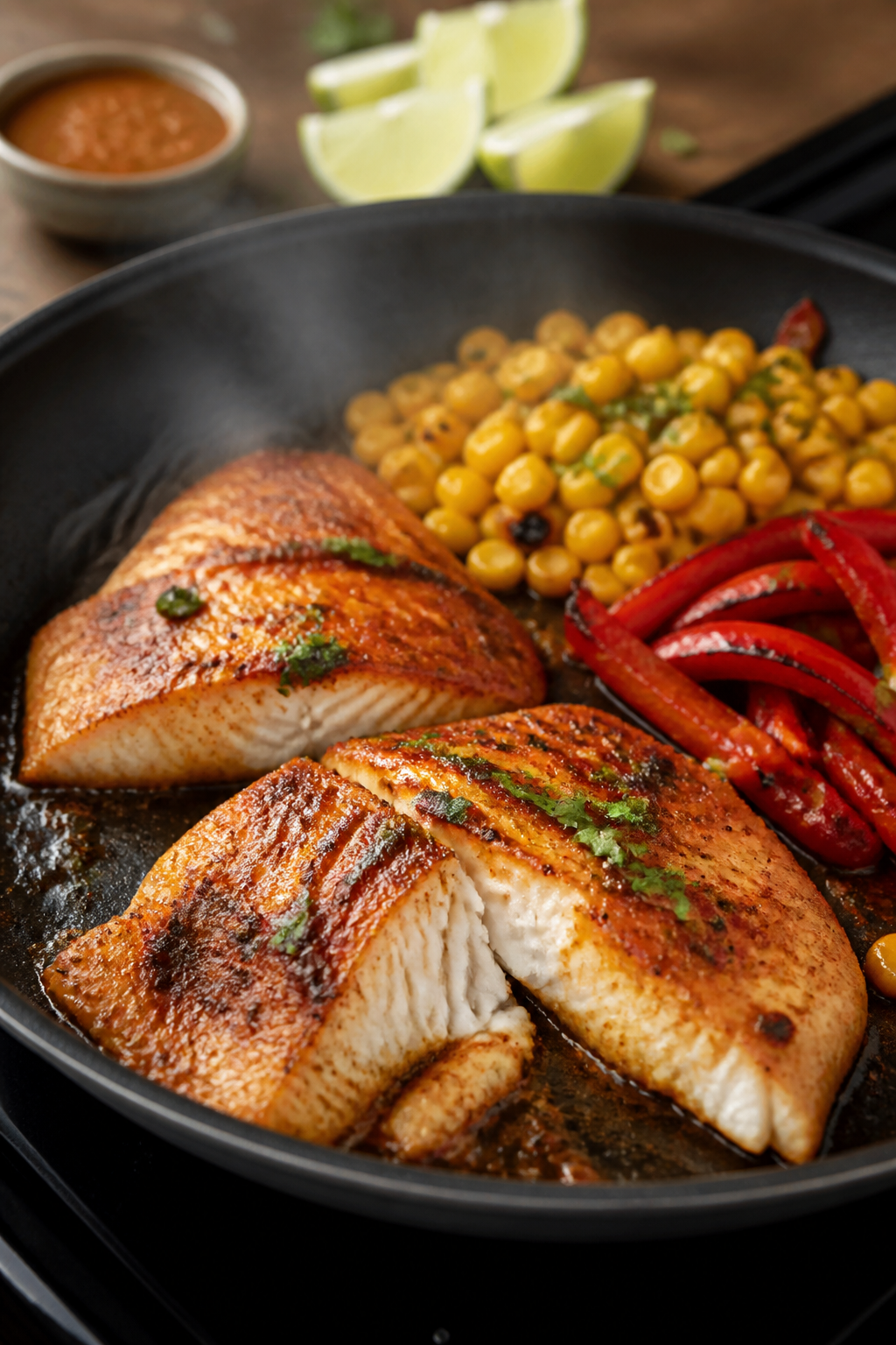 Cooking process close-up: Chipotle-lime marinated white fish fillets sizzling in a hot, lightly oile