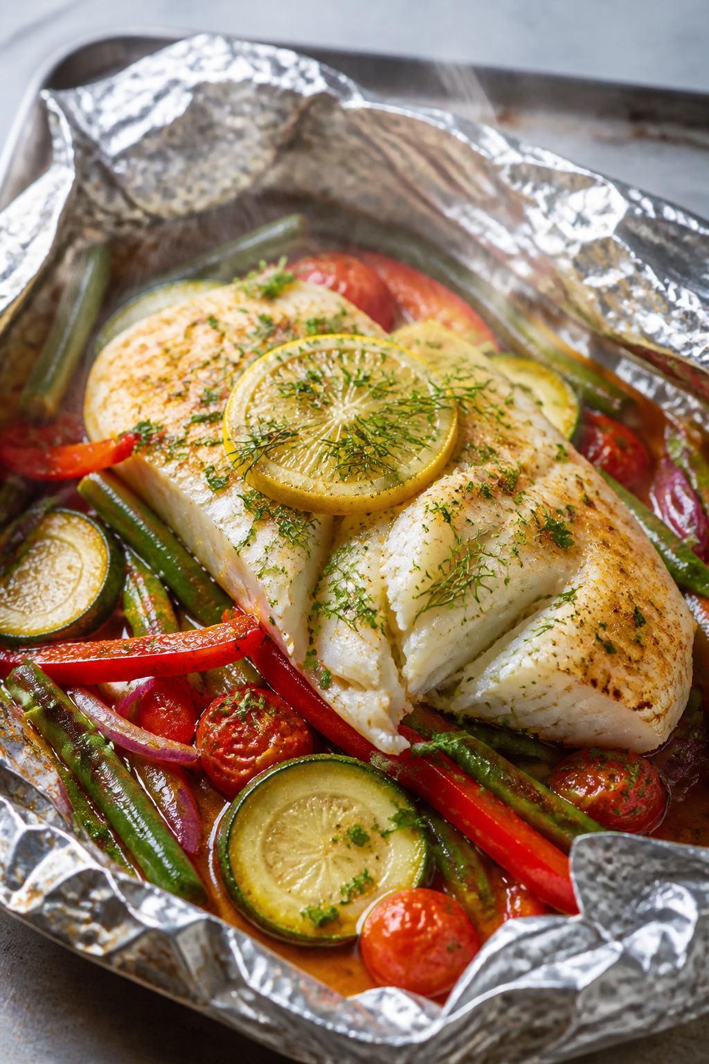 Cooking process, close-up detail: A just-opened foil packet of cooked white fish (cod) resting on a