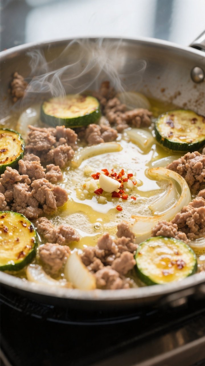 Cooking process, close-up detail: Close-up of browned ground turkey crumbles and golden-edged zucchi