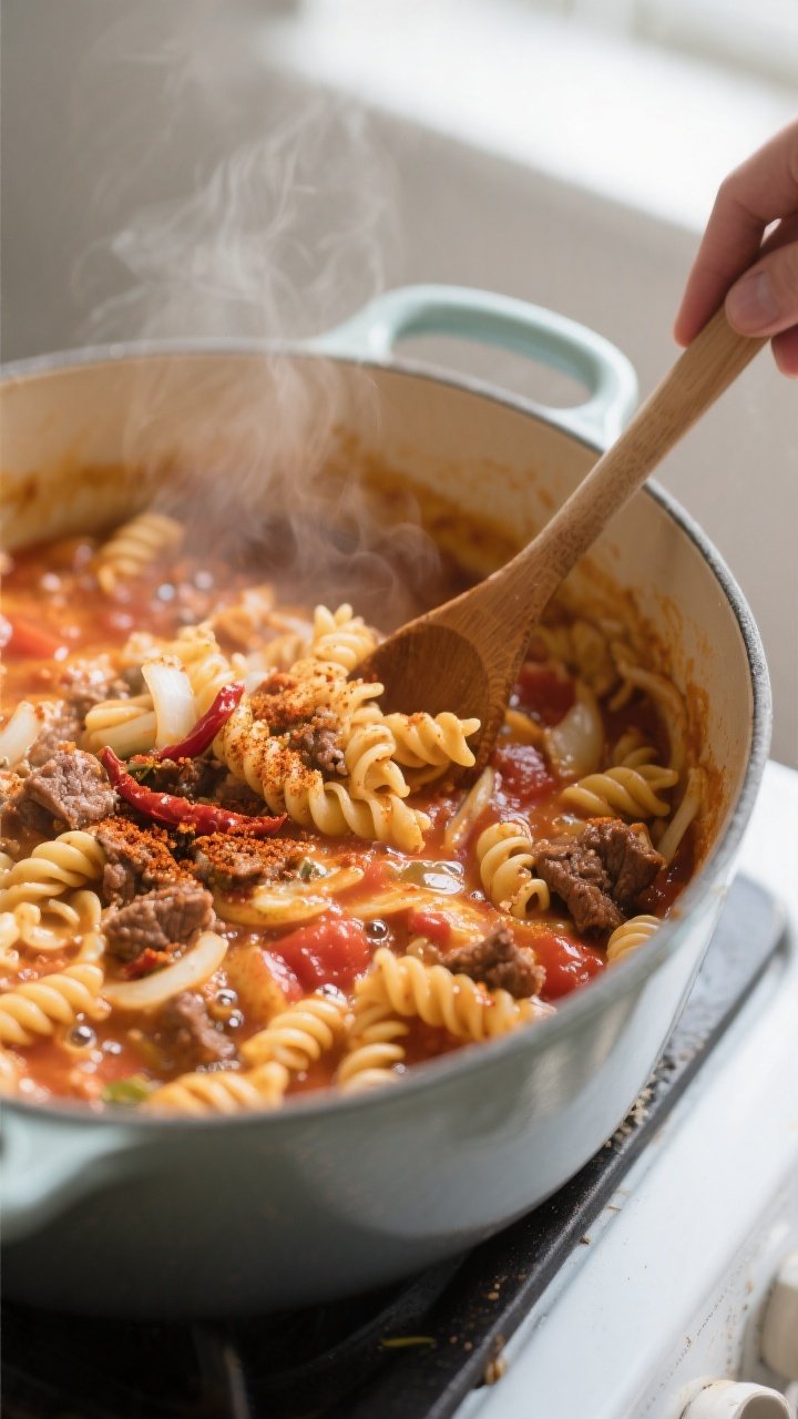 Cooking process, close-up detail: Close-up of simmering one-pot cheesy taco pasta mid-cook in a heav