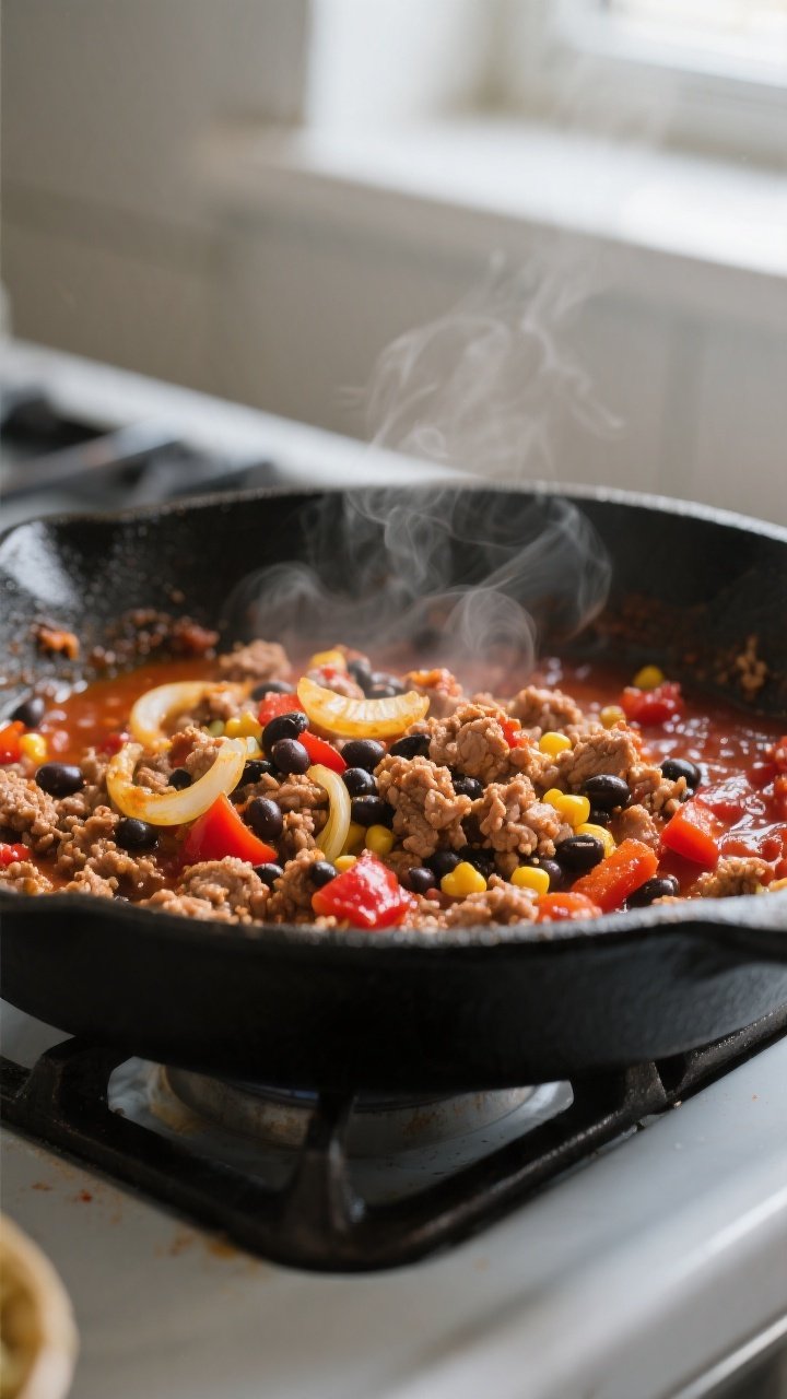 Cooking process, close-up detail: Ground turkey taco skillet mid-cook in a black cast-iron pan, turk