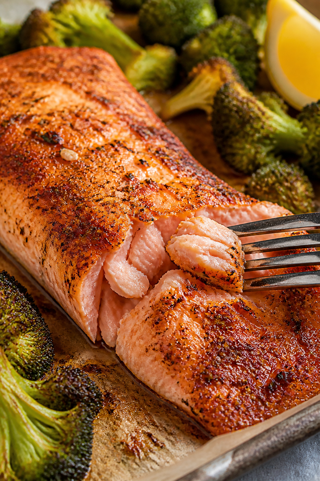 Cooking process, close-up detail: Roasted salmon fillet just out of the oven at 425°F, skin-side do