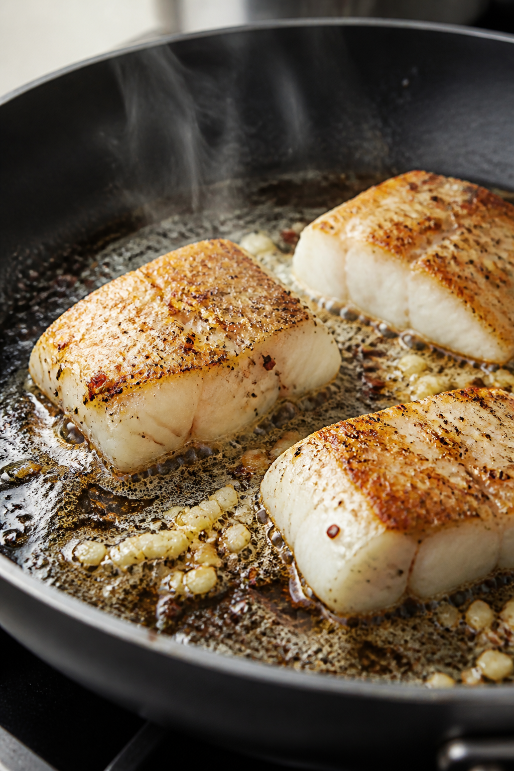 Cooking process, close-up detail: Searing white fish fillets in a large skillet, golden edges formin