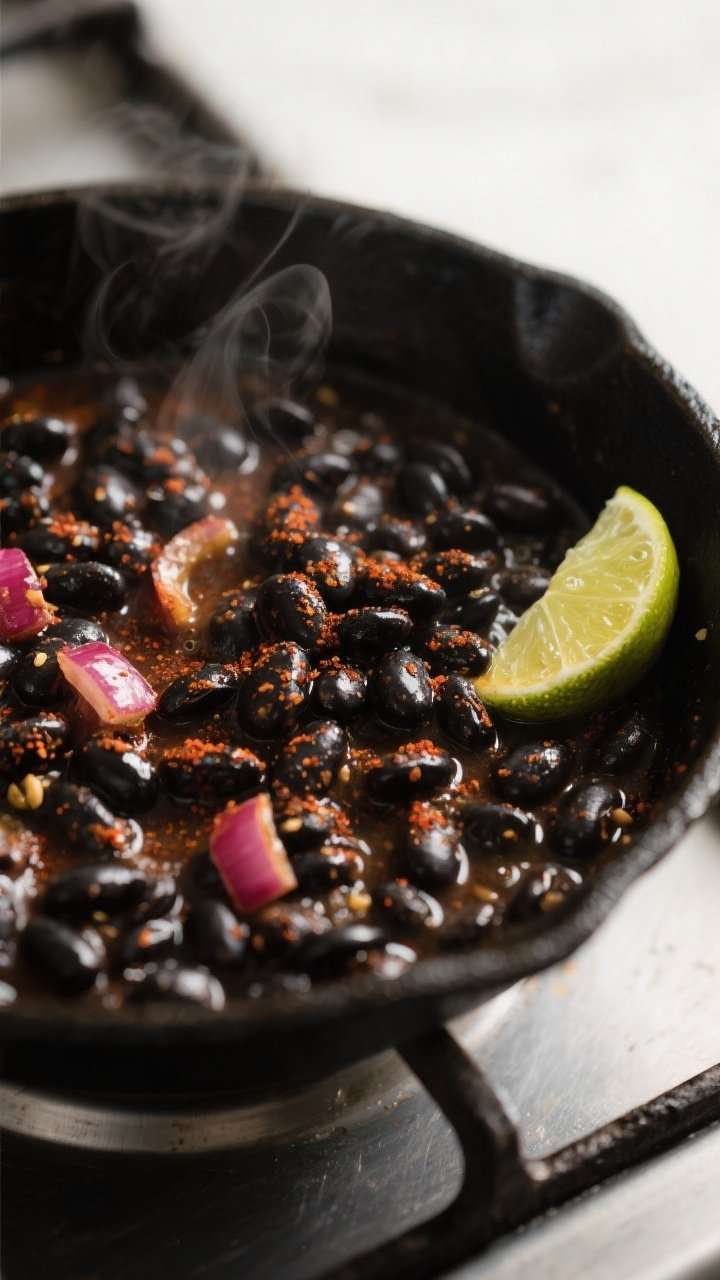 Cooking process, close-up detail: Seasoned black beans simmering in a skillet, glossy and saucy with