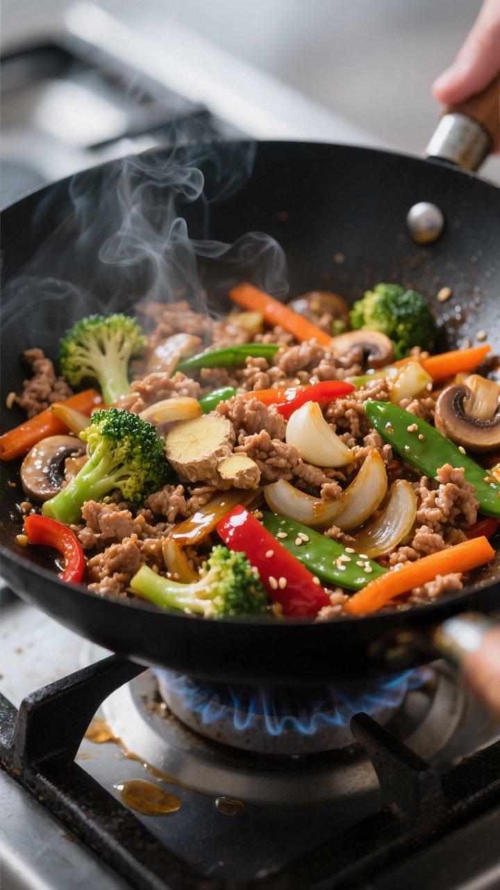 Cooking process, close-up detail: Sizzling ground turkey veggie stir fry mid-cook in a black wok ove