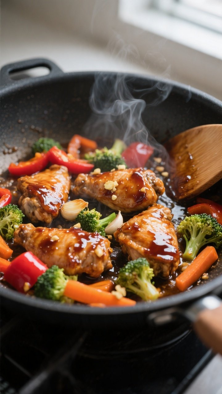 Cooking process, close-up detail: Sizzling teriyaki chicken thigh pieces and crisp-tender veggies in