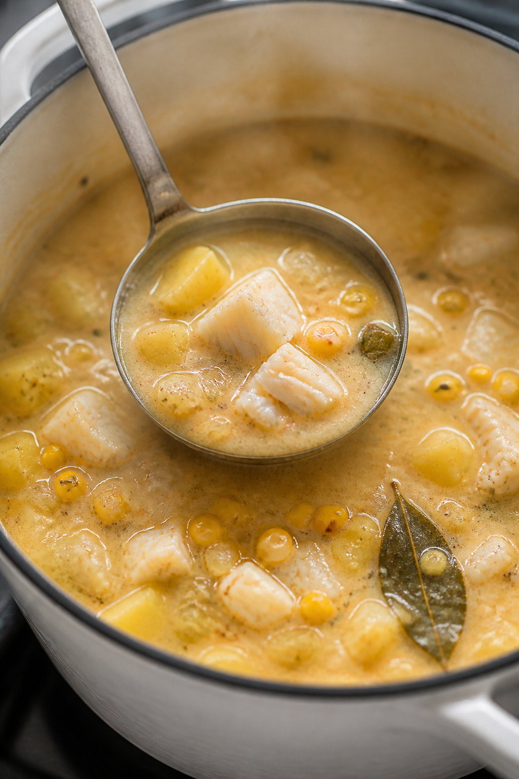 Cooking process, close-up detail: Steam-kissed ladle dipping into a simmering pot of Healthy Fish Ch