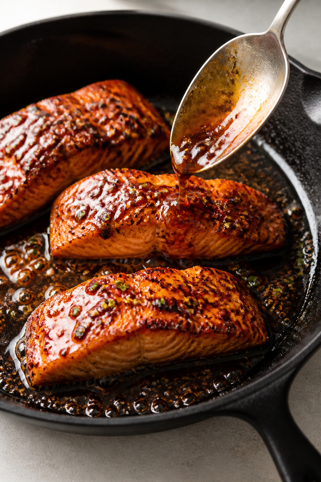 Cooking process close-up: Glazed salmon fillets searing in a cast-iron skillet, skin-side down, with
