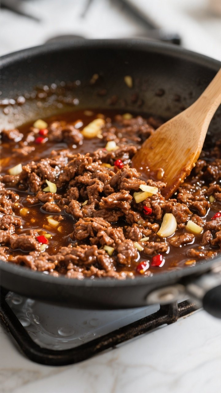 Cooking process, close-up: Glossy teriyaki ground beef simmering in a wide skillet over medium-high 