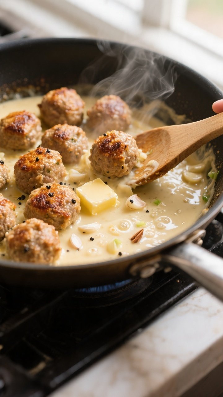 Cooking process, close-up: Golden-browned meatballs sizzling in a wide skillet as butter melts into 