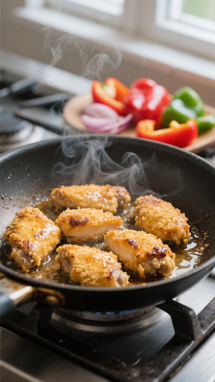 Cooking process, close-up: Golden, cornstarch-coated chicken pieces searing in a hot skillet until c