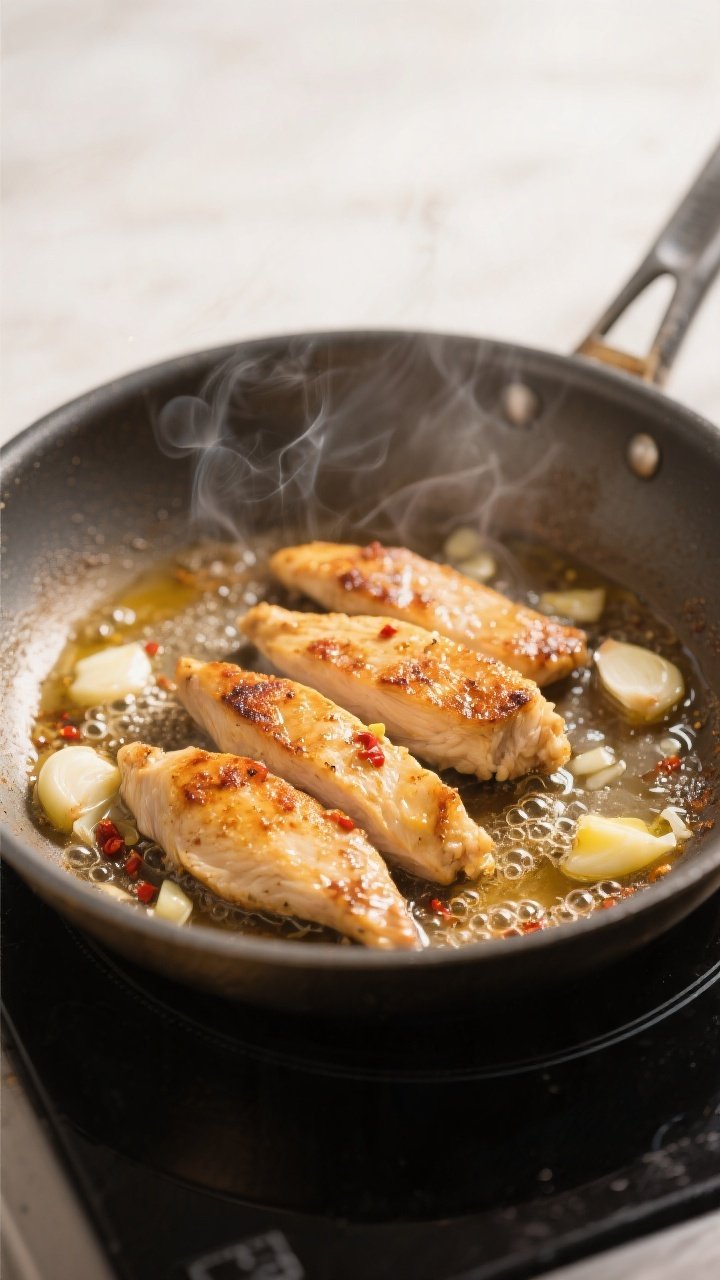 Cooking process, close-up: Golden seared chicken strips sizzling in a stainless skillet with melted 