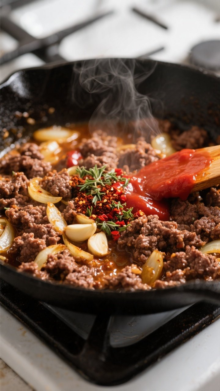 Cooking process close-up: Ground beef browning in a large skillet with soft golden onions and just-a