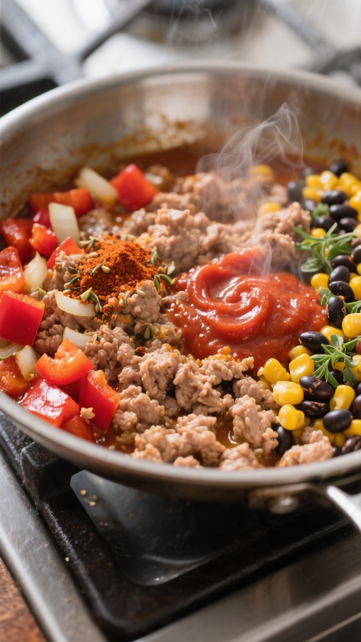 Cooking process close-up: Ground turkey browning in a wide stainless skillet with diced red bell pep