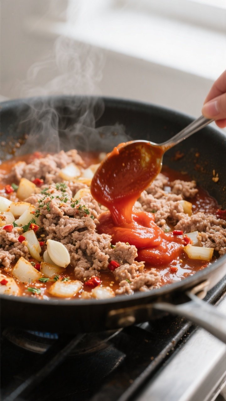 Cooking process close-up: Ground turkey browning in a large skillet with diced onion and garlic, edg