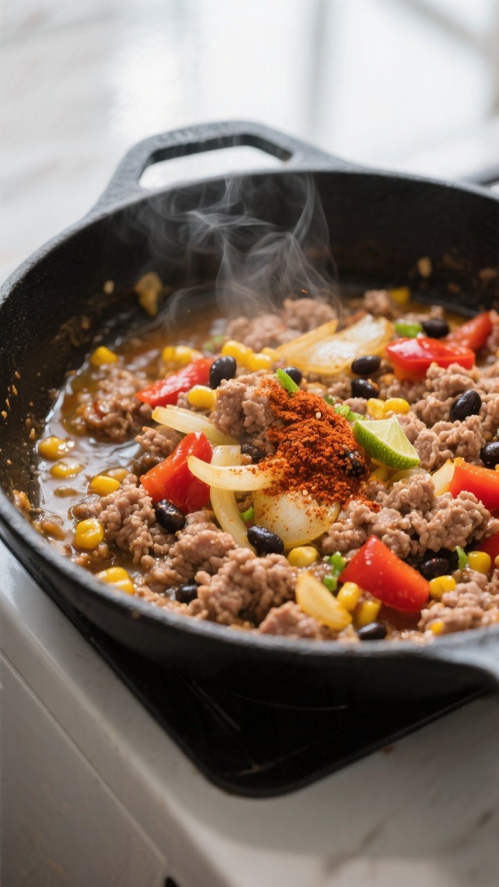 Cooking process close-up: Ground turkey sizzling in a large skillet with softened yellow onion and r