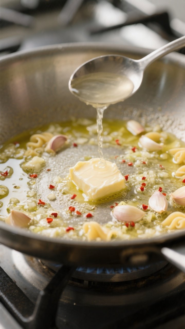 Cooking process close-up: Minced garlic gently blooming in a glossy garlic-butter and olive oil emul