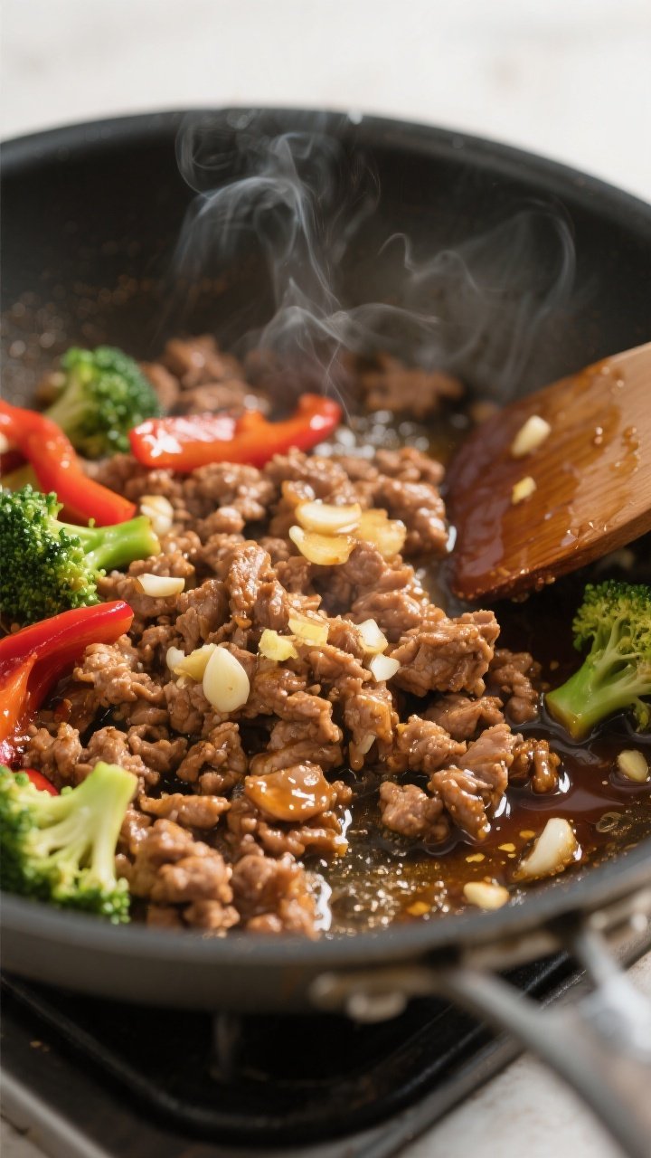 Cooking process — Close-up of browned ground turkey sizzling in a large skillet, glossy honey-garl