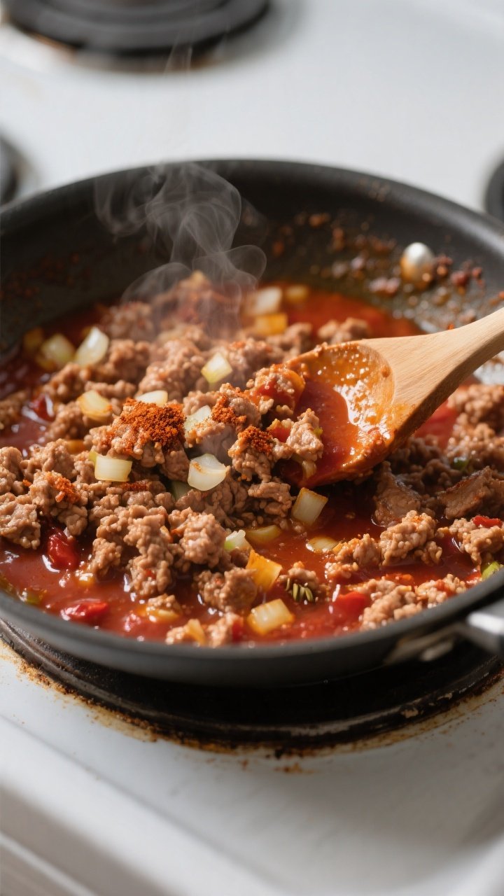 Cooking process — Close-up of seasoned ground turkey simmering in a skillet: browned crumbles coat