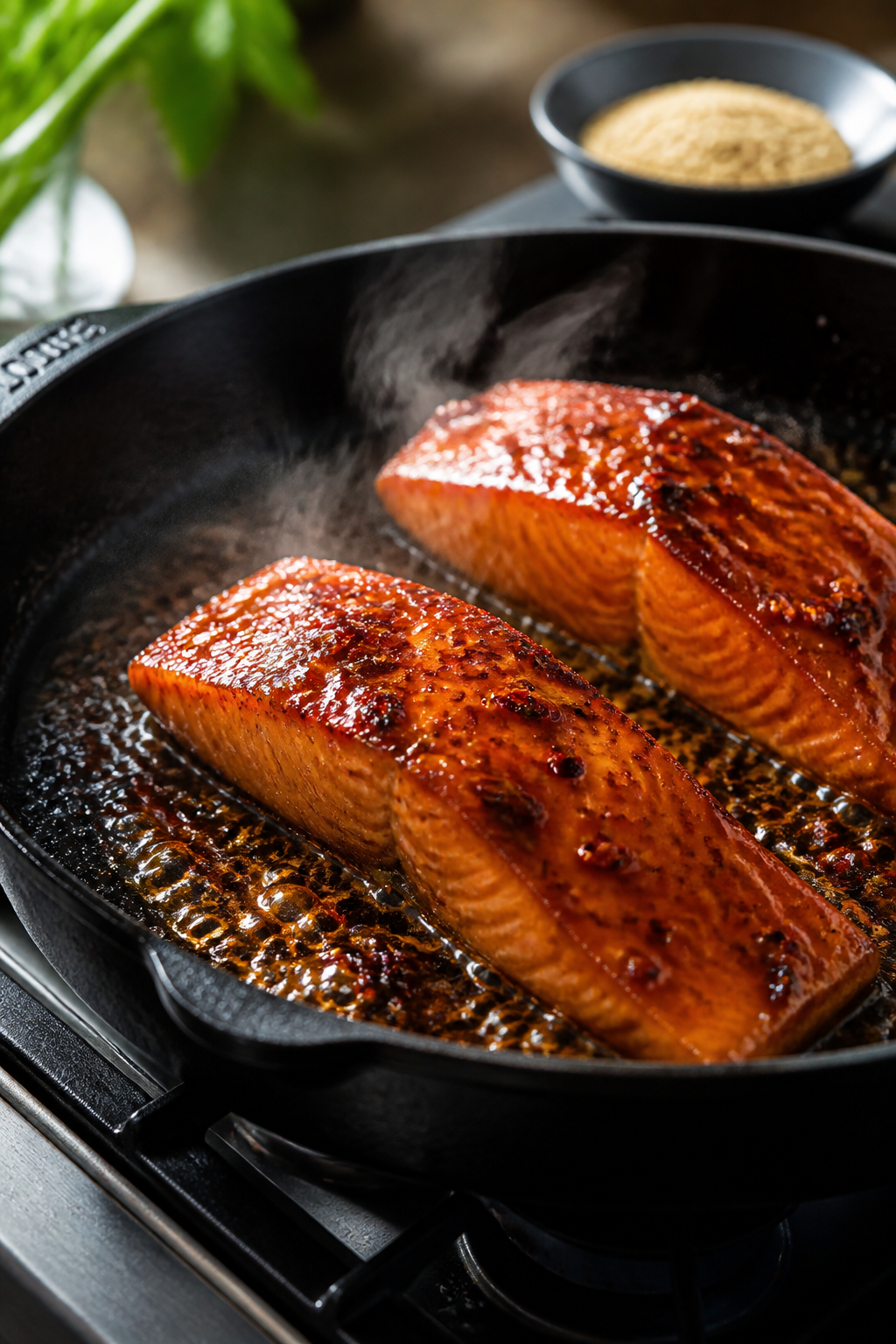 Cooking process close-up: Pan-seared salmon fillets skin side down in a well-seasoned cast-iron skil