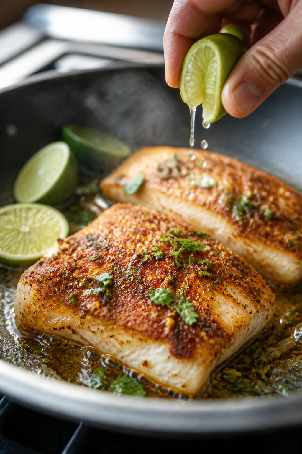 Cooking process, close-up: Pan-seared white fish fillets in a nonstick skillet, golden-brown spice c