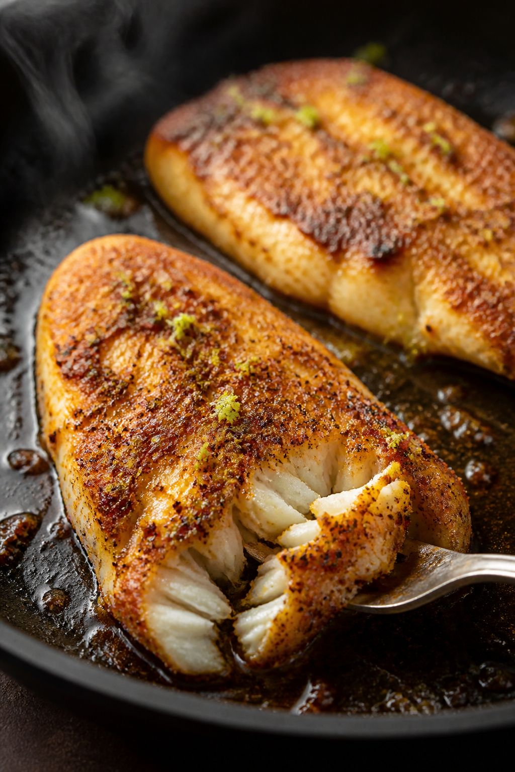 Cooking process close-up: Pan-seared white fish fillets (mahi-mahi or cod) in a hot nonstick skillet