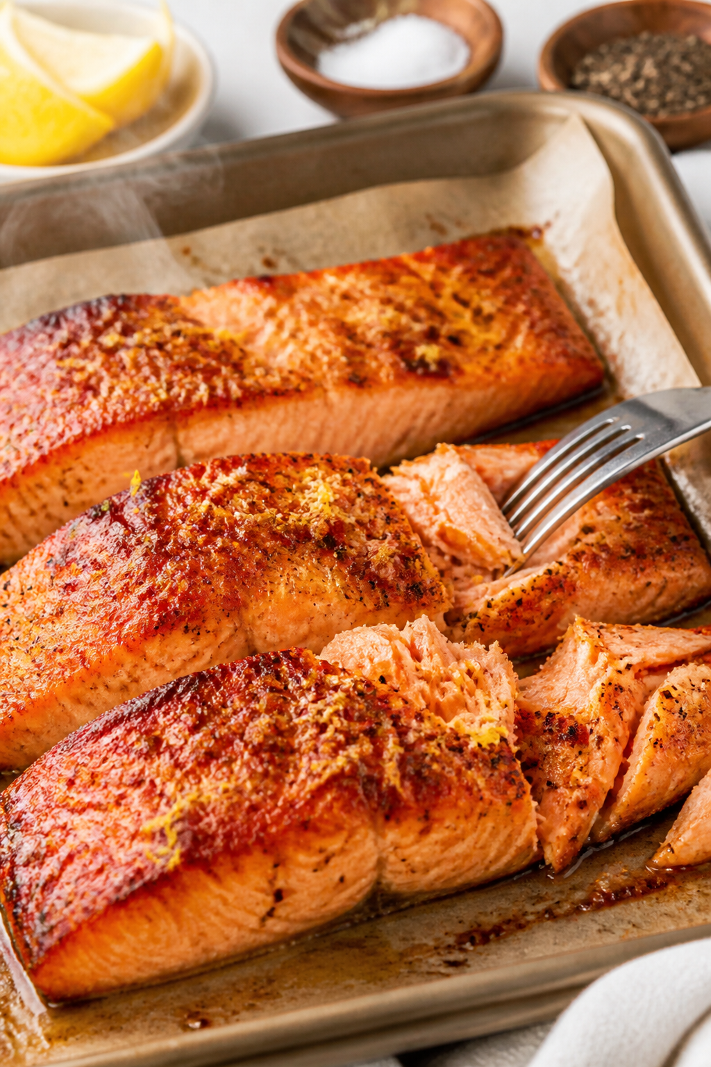 Cooking process close-up: Roasted salmon just pulled from a 400°F oven on a parchment-lined sheet p